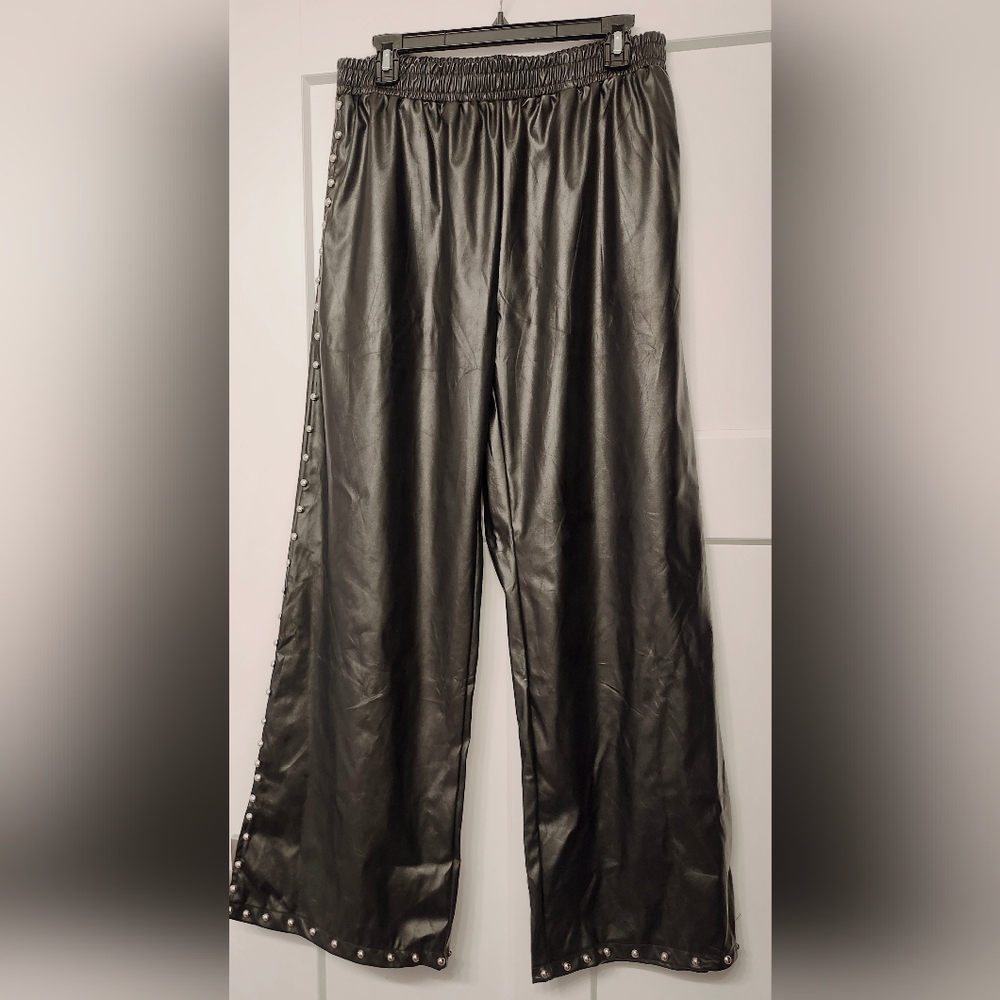 Sleek Black Faux Leather Pants with Side Buttons